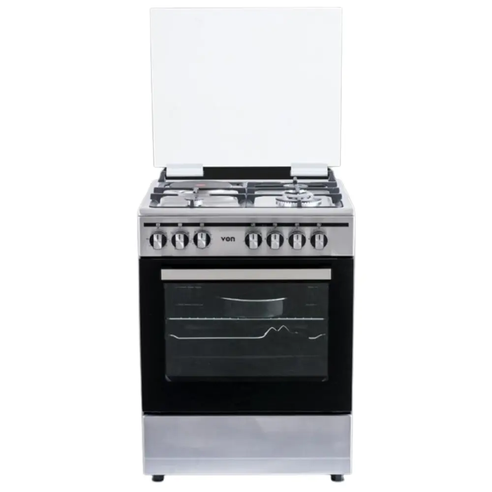 VON VCF663151FSY Freestanding Cooker – 3 Gas + 1 Electric Burners, Thick Enamel Pan Support, Flame Failure Device